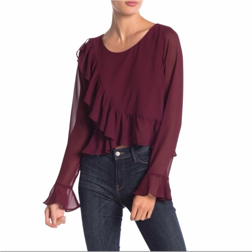 Line & Dot Deep Burgundy Ruffle Blouse